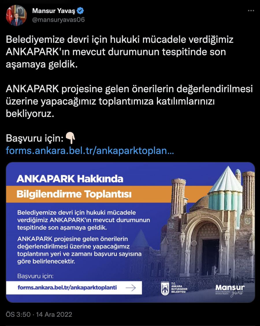 ABB BAŞKANI MANSUR YAVAŞ’TAN BAŞKENTLİLERE ANKAPARK BİLGİLENDİRME VE FİKİR ALIŞVERİŞİ TOPLANTISINA KATILIM ÇAĞRISI