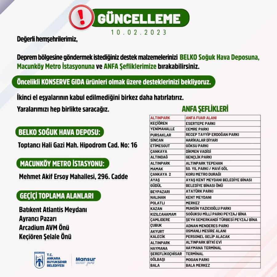 ANKARA BÜYÜKŞEHİRİN DEPREM BÖLGESİNE YARDIMLARI ARTARAK DEVAM EDİYOR