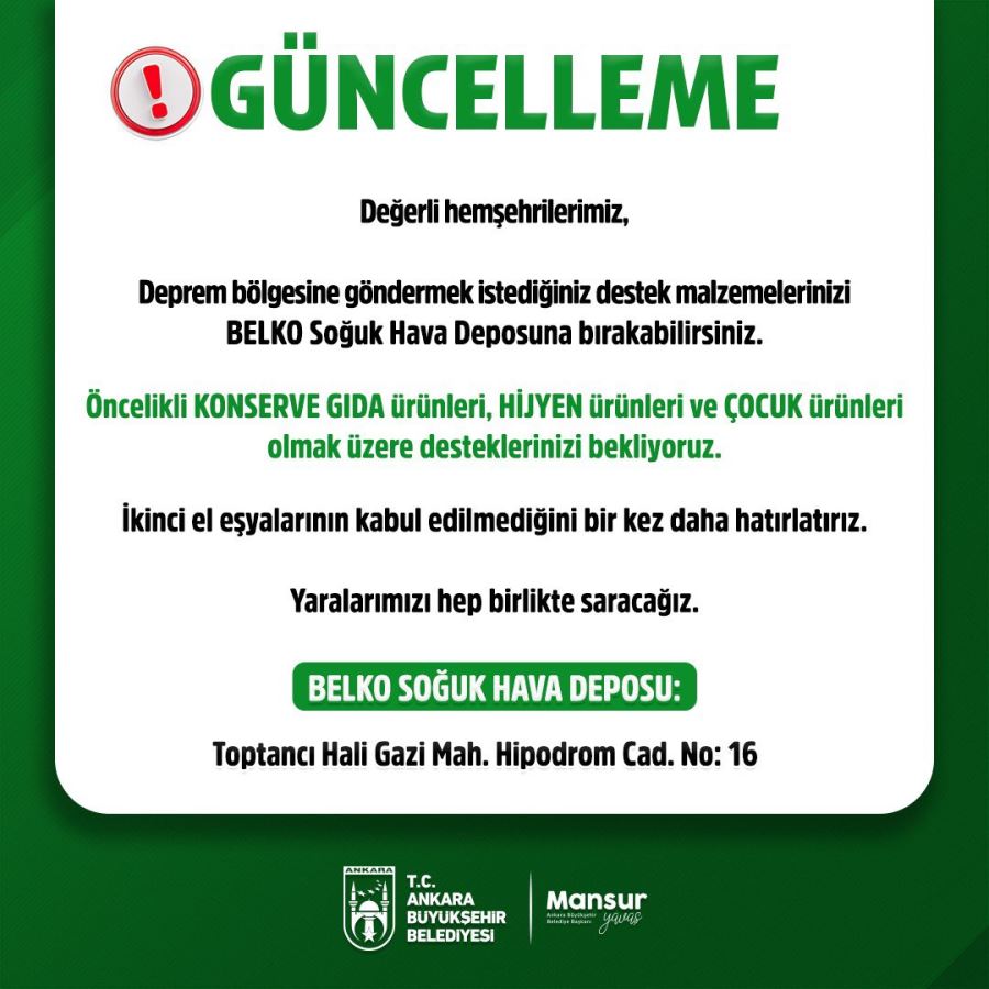 ANKARA BÜYÜKŞEHİRİN YARDIM KAMPANYASI DEVAM EDİYOR