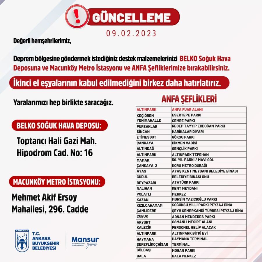 DESTEK KAMPANYASI SÜRÜYOR: ANKARA BÜYÜKŞEHİR’DEN DEPREM BÖLGESİNE 200 BİNDEN FAZLA EKMEK SEVKİYATI
