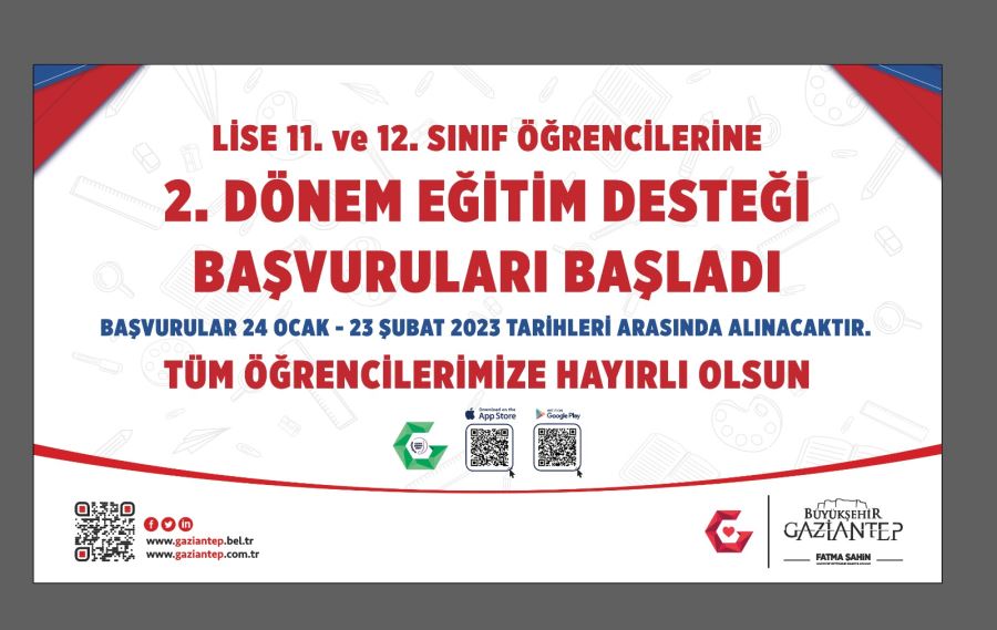 GAZİANTEP BÜYÜKŞEHİR’DEN 11 ve 12’NCİ SINIFLARA 1200 TL EĞİTİM DESTEĞİNİN İKİNCİ DÖNEM BAŞVURULARI BAŞLADI